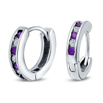 Eternity Huggie Hoop Earrings Channel Round Simulated Amethyst Cubic Zirconia 925 Sterling Silver